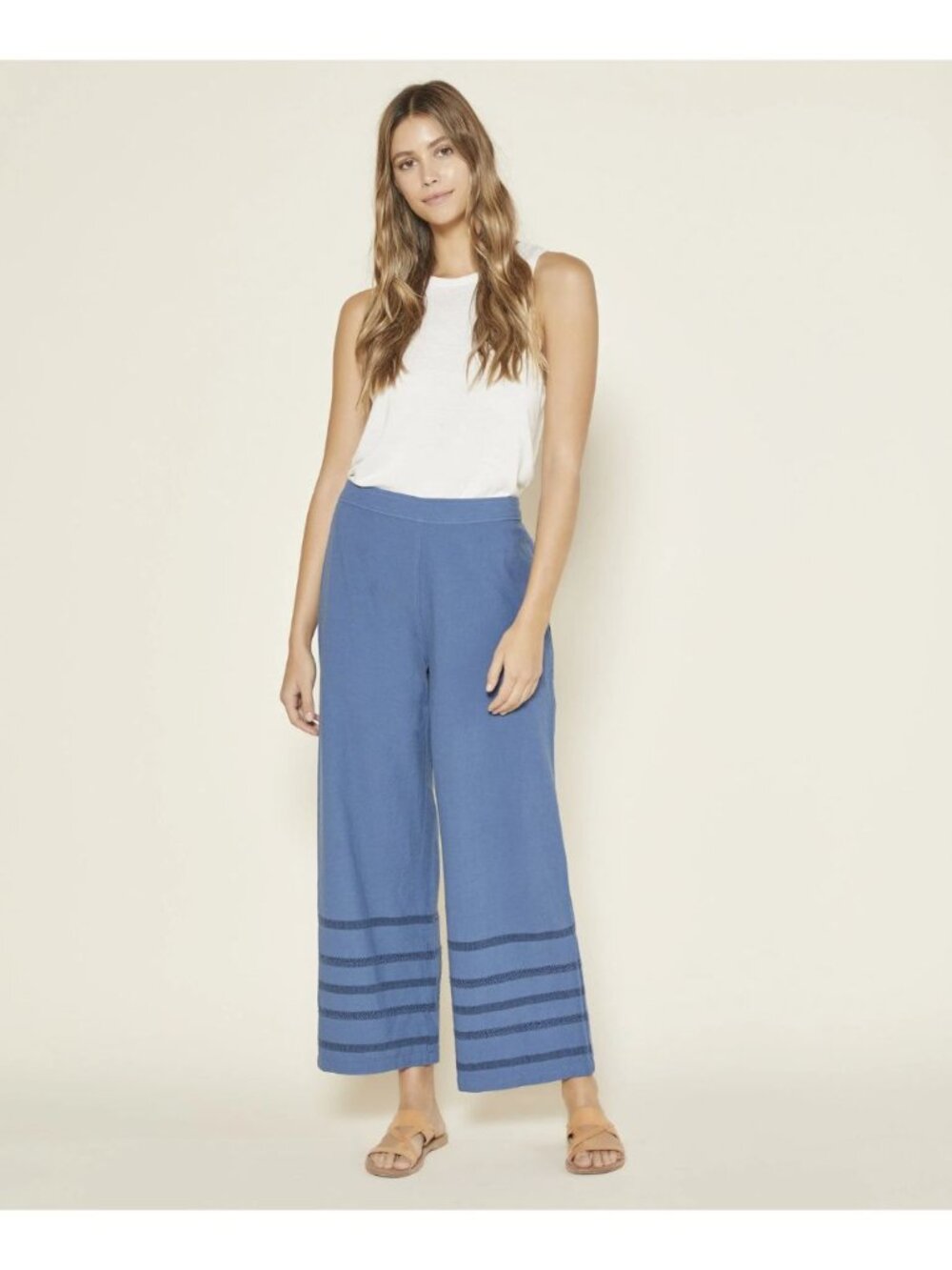 Outerknown Women M Meander Beach Pants Wide Leg Blue Stripe Pull On Travel Flowy
